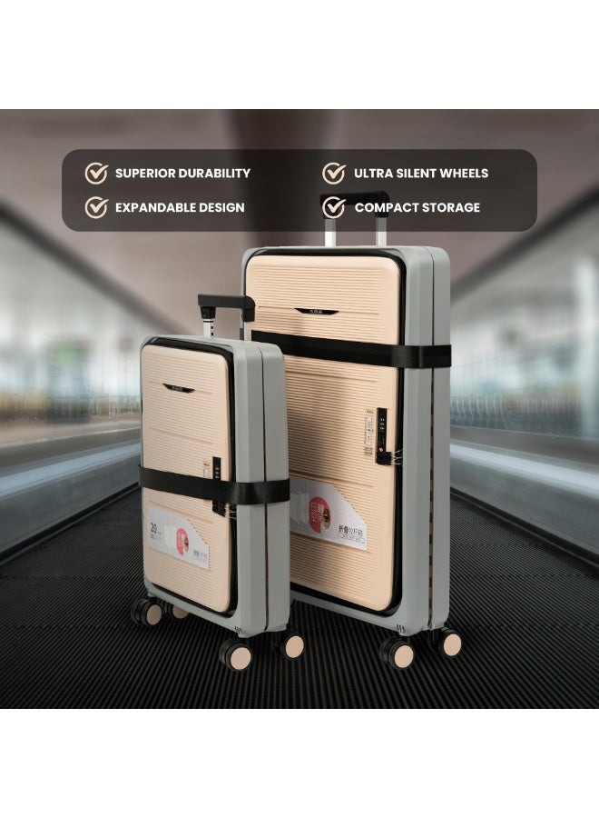 حقيبة سفر فاخرة بلاستيكية صلبة خفيفة وقابلة للطي بسهولة للرجال والنساء | حقيبة ترولي للسفر | ٨ عجلات | غير قابلة للكسر من مادة pp | قفل امان TSA | تصميم انيق و سهلة التخزين | لون بيج و رمادي | مقاس 26 بوصة - Image 3